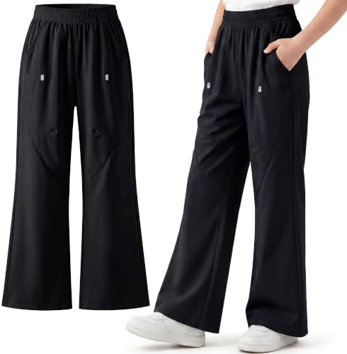 Domueay Girls Waterproof Trousers UPF 50+ Sun Protection Age 5-14 Years | Bootcut Hiking Pants with Pockets Reflective Dots Elastic Waist, Flared Outdoor Joggers, School Trekking Walking Sportswear