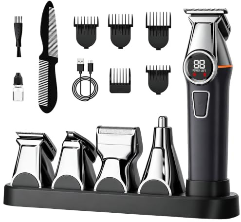 5 in 1 Body Hair Trimmer for Men,Beard Trimmer for Men, Waterproof Cordless Electric Razor Shaver, Men's Grooming Kit for Mustache, Hair, Face, Nose and Body, USB Recharge Dock