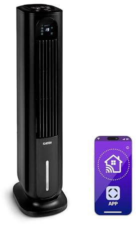 Klarstein Polar Tower Smart Portable Air Cooler – 4-in-1 Fan, Humidifier & Purifier, 7L Tank, Smart App & Alexa Control, 3,306 m³/h Airflow, Timer, Ice Packs, Mobile with 360° Rollers, Black