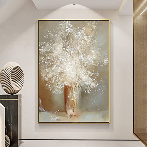 LCDIUDIU Handgemalte Acrylbilder, Vintage White Texture Edelweiss Plant Abstract Modern Original Handgemalte Ölgemälde Auf Leinwand Für Familienwand Wohnzimmer Esszimmer Home Art Decor,90X130Cm(36X52