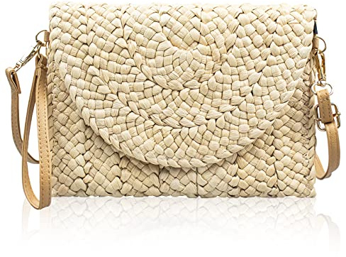 Grantop Women's Straw Clutch Purse, Beach Shoulder Tote Handbag with Adjustable Strap Natural Handmade Woven Straw Shoulder Bag Summer Purse Bag for Evening Party