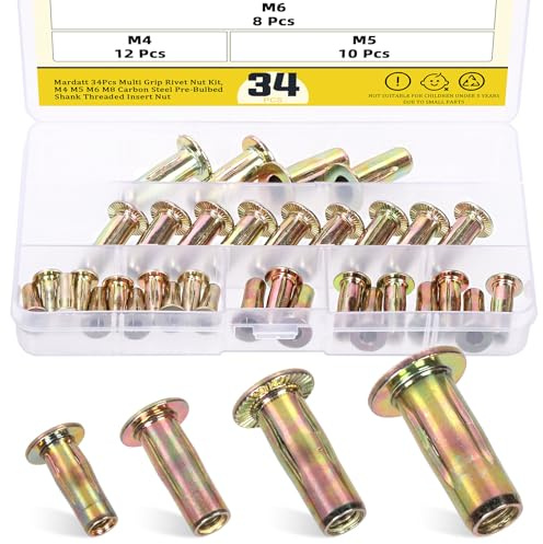 Mardatt 34Pcs 4 Sizes Multi-Grip Rivet Nut Assortment Kit, M4 M5 M6 M8 Zinc-Plated Flat Head Shank Threaded Insert Nut for Industrial Construction Fasteners