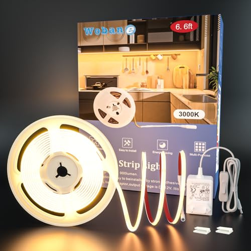 WOBANE Tira Led COB 2 Metros, Tiras Luces Led Blanca Cálido 3000K, Cinta Led con Fuente de Alimentación y Interruptor para Cocina Bajo Mueble,Habitacion,Gabinete