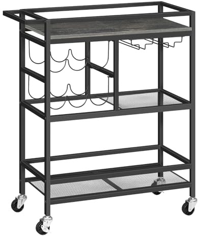MAHANCRIS Bar Cart for Home, 3-Tier Serving Cart with Wheels and Handle, Beverage Cart with Wine Rack and Glass Holders, Rolling Wine Cart for Kitchen, Dining Room, Charcoal Gray and Black RCHT6101