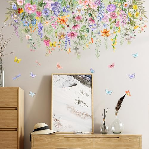 Tanlaby Bunte Blumen Wandsticker Grüne Pflanzen Schmetterling Wandtattoo | Wandaufkleber Selbstklebend Abnehmbar Wandkunst Aufkleber für Wohnzimmer Schlafzimmer Sofa Hintergrund