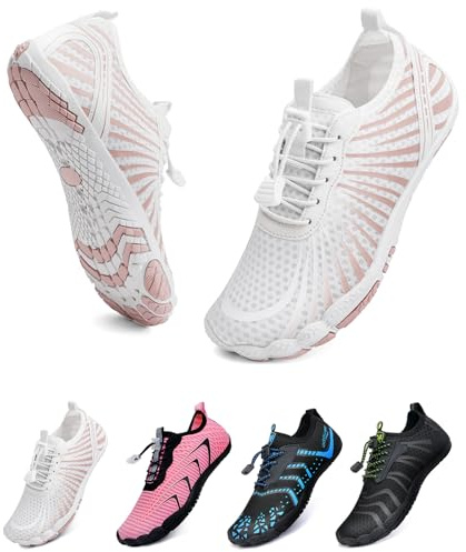 WateLves Unisex Barfußschuhe Damen Herren Wasserschuhe Badeschuhe Schnell Trocknend Weich Traillaufschuhe Fitnessschuhe mit rutschfest Sohle & Breiter Zehenbox(Weiß orange 39)