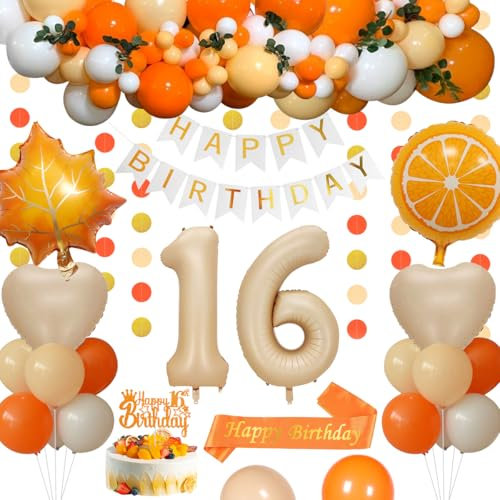 16th Birthday Decorations, Orange 16th Birthday Decorations for Boys Girls Orange Beige White Gold Balloons HAPPY BIRTHDAY Banner Number 16 Balloons Heart Balloon Sash Cake Topper