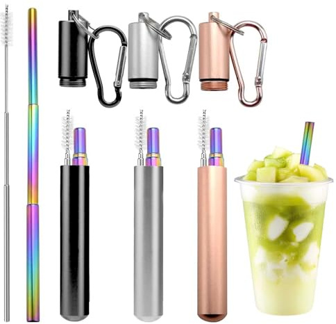 LEOINAER Pajitas Reutilizables de Acero Inoxidable，Cañitas Pajitas de Metal Portátiles + Set de 3 pajitas telescópicas + con Cepillo Limpiador y Estuche metálico + 10-22.5cm + Plateado