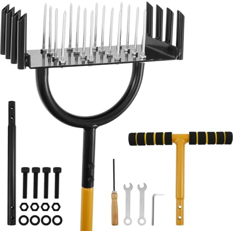 2 in 1 Rasenlüfter Manuell 16 Scharfe Nägel 8 Hohle Zähne, Rasenbelüfter mit Rutschfester T Griff Dick Stahl Pedal, Rasen Aerifizierer für Rasen Hof Garten