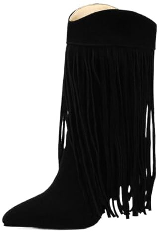CuteFlats Botas de mujer | Botas de aguja con flecos con tacón de 7,5 cm y cremallera lateral para eventos de otoño, Negro , 37 EU