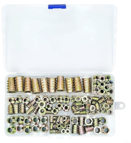 Besttoolifes Juego de 130 tuercas de inserción métricas roscadas, tuercas empotradas hexagonales para muebles de madera, bridas de aleación de zinc, cierres antideslizantes, tamaños M4, M5, M6, M8