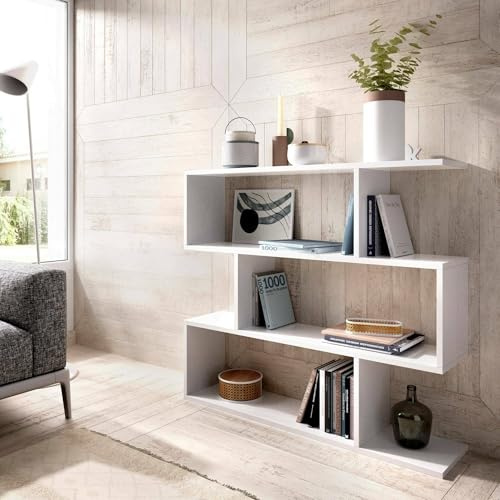 Dmora - Libreria Hampton, Mobile portalibri bassa bifacciale, Scaffale con tre scomparti, Scaffale moderno da ufficio, cm 110x24h97, Bianco lucido