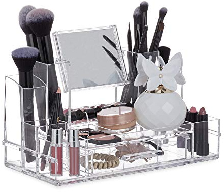 Relaxdays Make Up Organizer Schublade, große Acrylbox mit Spiegel & vielen Fächern, HBT 19 x 30 x 14,5 cm, transparent