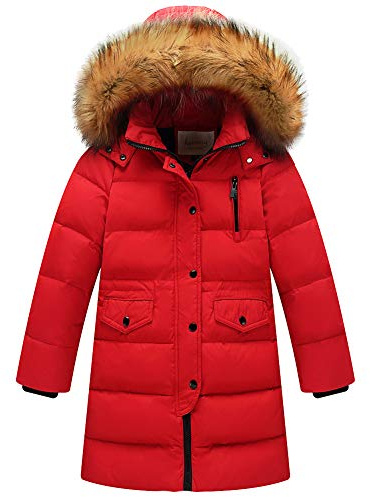 amropi Kids Girls Winter Puffer Jacket Padded Long Coat with Fur Hood (Red,9-10Years)