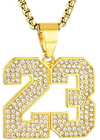 AsAlways 18K Gold Plated Cubic Zirconia Number 23 Basketball Pendant Necklace for Men Sports Stainless Steel Box Link Chain 22+2 Inch (Golden 23)