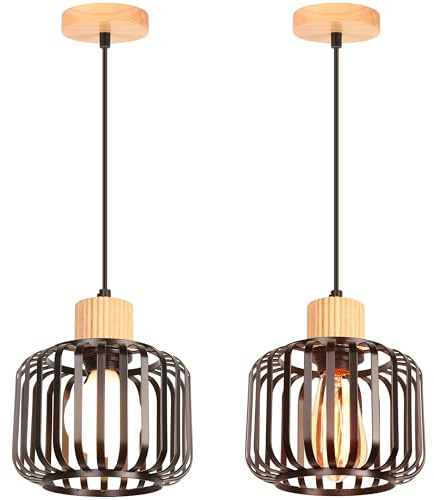 iDEGU Set med 2 retro taklampa, pendellampa, cage lampskärm, industriell lustre i trä och metall, vintage hängande lampa för sovrum, vardagsrum, kök, matsal, restaurang (svart, 18 cm)