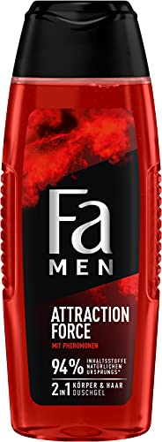 Fa Men Duschgel Attraction Force (250 ml), Duschpflege mit 2in1 Formel reinigt Körper & Haar mit erfrischendem Duft von Bergamotte & Limette, schützt die Haut gleichzeitig vor dem Austrocknen