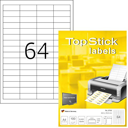 TopStick 8730 Universal Etiketten, 1000 Blatt, 48,3 x 16,9 mm, 64 pro A4 Bogen, 64000 Stück, selbstklebend, bedruckbar, matt, blanko Papier Klebeetiketten Aufkleber, weiß