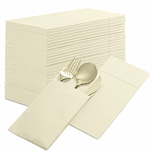 50-Pack Disposable Linen-Feel Dinner Napkins with Built-in Flatware Pocket, Cream Prefolded Cloth Like Paper Napkins for Dinner, Wedding Or Party [Silverware NOT Included]