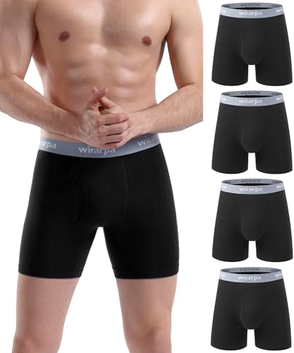 wirarpa Men's Underwear Trunks Cotton Stretch Boxer Shorts Open Fly Tagless Underpants for Men Regular Leg 4 Pack Black Size L