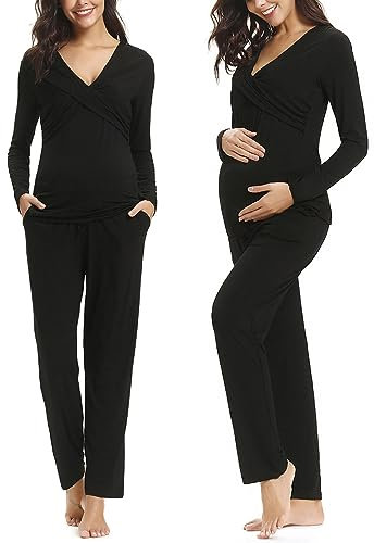 Irdcomps Women's Maternity Pyjamas Set Cotton Breastfeeding Nursing Nightwear PJ Set Long Sleeve Sleepwear Pregnancy for Hospital Home Black S
