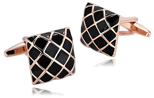 Stfery Manschettenknöpfe Herren mit Gravur, Manschettenknöpfe Herren Schwarzes Roségold Edelstahl Cufflinks Quadratisches Rhombisches Gitter Schmuck