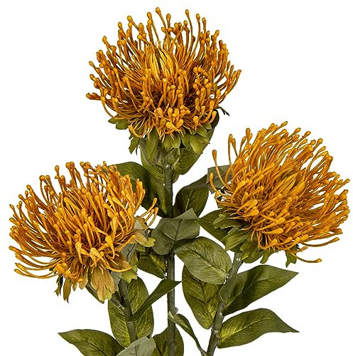 Hollyone 3Pcs Yellow Artificial Mums for Outdoors Fall Flowers Fake Fall Mums Spider Mum Flower 28.3'' Long Stem Faux Chrysanthemum Flower Arrangement Pincushion Bouquet Autumn Decorations for Home