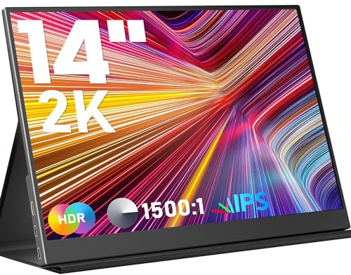 Bärbar bildskärm 14-tums 2K bärbar datorskärm, USB C, HDMI spel, ultratunn, IPS-skärm, smart fodral och högtalare, 2 160 x 1 440 P skärm för bärbar dator, HDR-plug & play, extern bildskärm för bärbar
