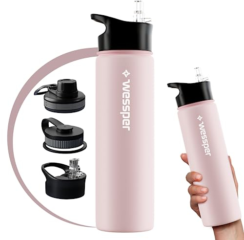 Wessper Edelstahl Trinkflasche 700ml, BPA-Frei Wasserflasche mit 3 Deckel für Wasser, Kaffee und Tee, Auslaufsicher Thermoflasche für Sport, Gym, Wandern, Fahrrad, Büro - Rosa