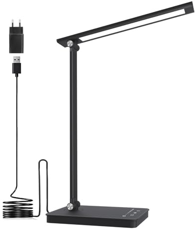 Shuwomart Schreibtischlampe LED Dimmbar Tischlampe 5 Farben und 10 Helligkeitsstufen,Schreibtischleuchte Augenschutz mit 45-Minuten Timer,USB-Anschluss,Speicherfunktion für Leser,Kinder,Büro,Schwarz