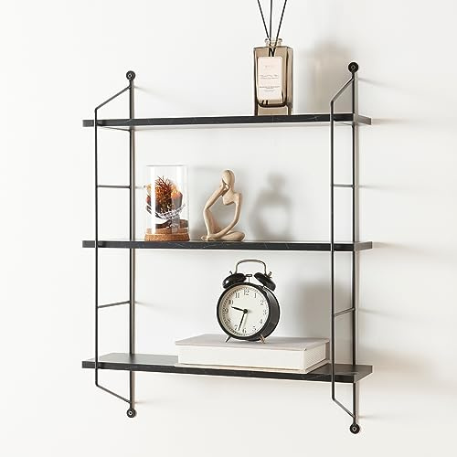 [en.casa] Wandregal Ösel Hängeregal Bücherregal hängend mit 3 Regalböden Marmor-Optik Schwarz Wohnzimmer Regal mit Stahlrahmen Küchenregal