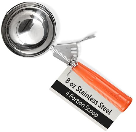 Restaurantware Met Lux 8 Ounce Portion Scoop 1 Durable Disher Scoop - Thumb Trigger Orange Stainless Steel Ice cream Disher For Portion Control For Ice Cream Mashed Potato And Cookie Batter