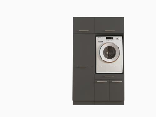 Laundreezy Waschmaschinenschrank mit 2X Schrankaufsatz Anthrazit | 117,5 x 200 x 67,5 cm (B/H/T), Mehrzweckschrank, Gerätefach, 2 Türen, Softclose, für Hauswirtschaftsraum, Waschküche, Keller