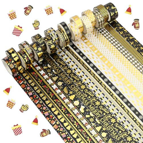 18 Rollen Weihnachten Washi Tape Set,Schwarzes Gold Dekoband Masking Tape Dekorative Selbstklebendes Papier Klebeband Weihnachten Kunst Handwerk Tape DIY Scrapbooking Geschenkverpackung Dekorationen