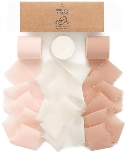 Vitalizart Schleifenband Rosa & Creme 3,8 cm x 19,2 m Geschenkband Breit Hochzeit Chiffonband Stoffband, Bänder-Set für Hochzeitseinladungen, Brautsträuße, Geschenke, Verpackungen, DIY-Kunsthandwerk
