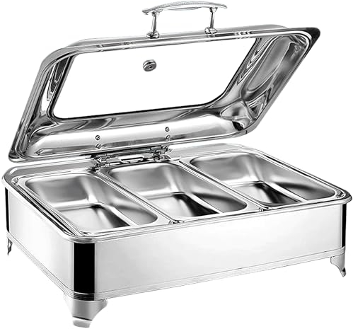 Chafing Dish Elektrisch, 9L Speisewärmer Edelstahl Buffetwärmer mit Sichtdeckel aus Glas, Kommerziell Warmhaltebehälter Essen für Buffets und Partys, Einstellbare Temperatur (0-85℃)(Size:GN1/3)