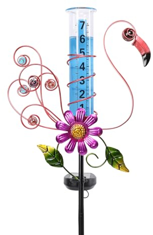 WONDER GARDEN Pluviomètre d'extérieur résistant au gel - Jauge de pluie solaire - Flamant rose - Piquet de jardin pour cour, jardin, pelouse