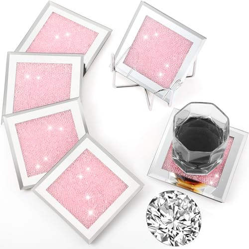 Jetec 6 Pcs Crushed Diamond Glass Coaster Set with Holder,Pink | Crystal Mirrored Design, for Housewarming Gifts, Home Kitchen Bar Table, Coffee Tea Wine Glass Use