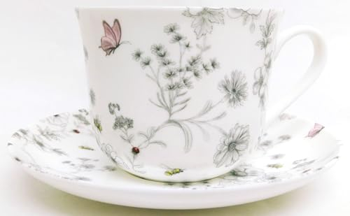 Rainbow Decors Secret Garden Cup & Saucer Fine Bone China Jumbo 425ml 14.5oz Floral Flowers Butterflies Bees Breakfast Set Hand Decorated UK