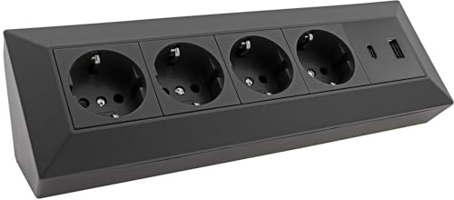 ChiliTec Steckdosenblock Ecksteckdose 4-Fach Mehrfachsteckdose 230V mit USB-A USB-C PD für Büro Küche Werkstatt Schwarz