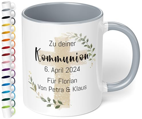 Christliches Geschenk: Tasse personalisiert „Zu deiner WUNSCHTEXT“ – Kreuz-Motiv – Keramik 330ml Geschenk Kommunion Konfirmation Firmung Taufe Mädchen Jungen (Grau)