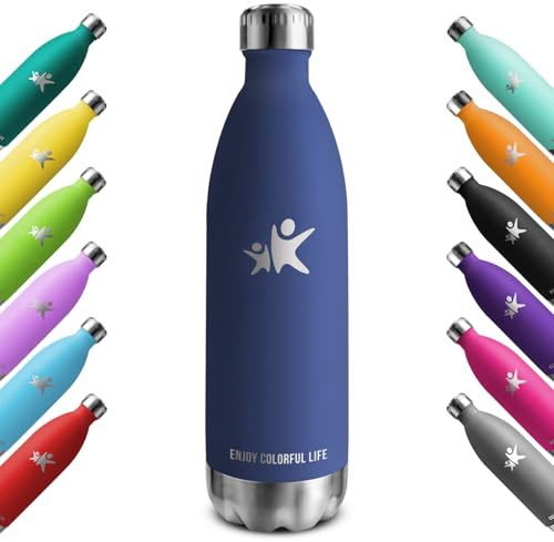 KollyKolla Thermosflasche 500ml/750ml/1L, Trinkflasche Edelstahl 500ml, BPA-frei Isolierflasche, Thermoskanne Kohlensäure Geeignet, Auslaufsicher Wasserflasche für Schule, Sport, Fitness, Yoga
