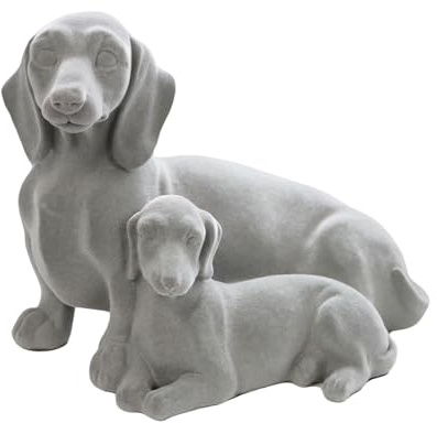 Dachshund Pair Ornament 21cm Grey Velvet Resin Sitting Sausage Dog Family Sculpture
