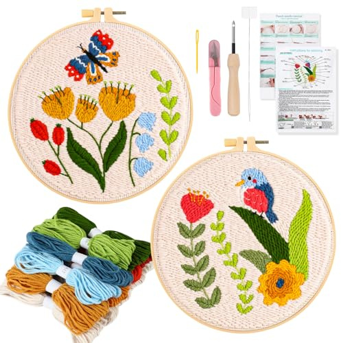 JSRQT 2 Sets Punch Needle Stickerei Set Anfänger, Schmetterling Vogel Muster Stanznadel Stickereiset für Erwachsene Kinder, Kreuzstichset Punch Needle Embroidery Kit mit 2 Stickrahmen, Nadel und Garn