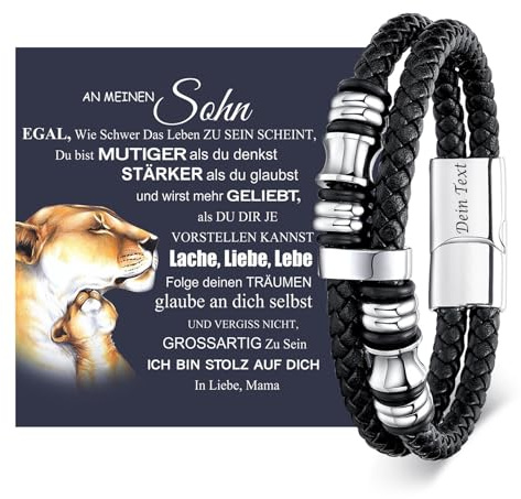 Armband Herren Lederarmband Sohn Geschenk-Schwarz Herrenarmband mit Gravur | Leder Armbänder an Meinen Sohn für 18 Geburtstag Junge Teenager Engraved Mutmacher 16 19 21 Jährige Männer von Mama Papa