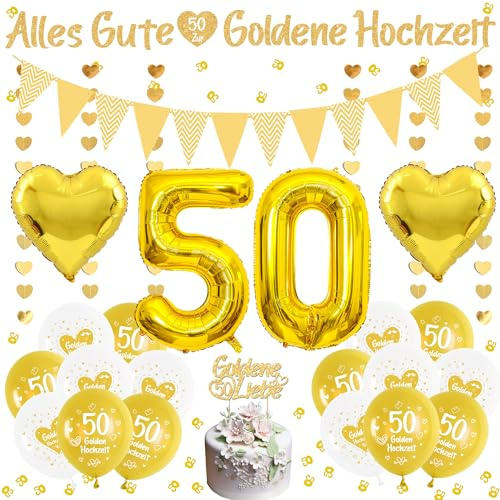 Xietaea Goldene Hochzeit Deko Luftballons - 50 Hochzeitstag Dekoration Glitzer Banner Gold Tischdeko und Ballons, Zahlenballon und Tortendeko für Innen Draußen Party Dekoration