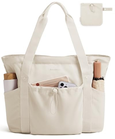 bagsmart Damen Handtasche, Faltbare Einkaufstasche Sporttasche Strandtasche, 20L Reißverschluss Umhängetasche mit Laptopfach für Reisen Arbeit Fitness, Beige