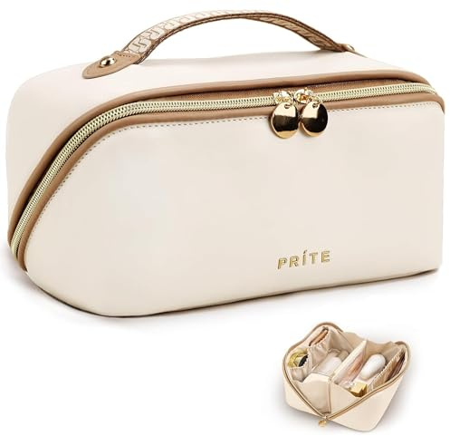 Prite Travel Makeup Bag Flat Lay Cosmetic Case with Brush Pocket, Beige, L