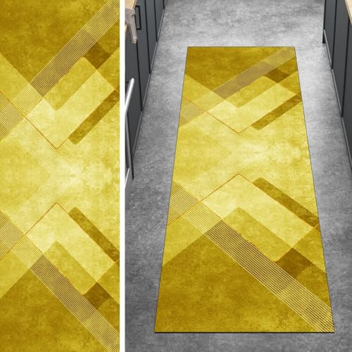 Ymural Teppich Läufer Flur rutschfest Küche 90x220CM Gelb Kücheläufer Teppichläufer Lang Modern Meterware Kurzflor Polyester Korridor Schlafzimmer Anpassbar