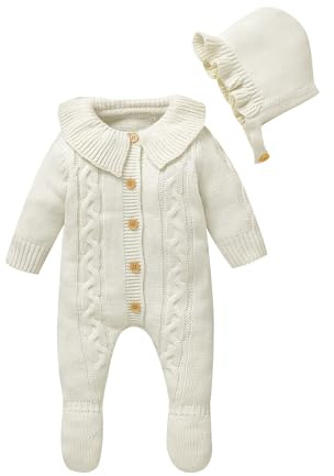 Hadetoto Neugeborenes Baby Pullover Strampler Strick Outfits Langarm Overall mit warmer Mütze für Säugling Junge Mädchen, White-Footie, 0-1 Months/59